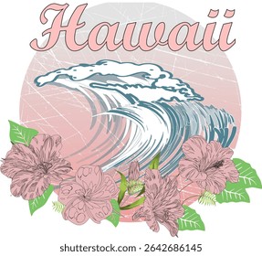 Hawaii Tropical Wave and Flower Graphic Design.
 Artistic ocean wave and tropical flowers with Hawaii text – great for summer vacation designs and surf culture prints.