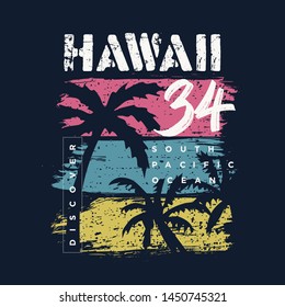 Hawaii T-shirt and apparel modern design with styled  palm trees, typography, print, vector illustration. Global swatches.