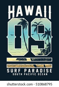 Hawaii typography with beach illustration for t-shirt print , vector illustration.