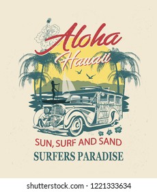 Hawaii typography for t-shirt print with sun,beach and retro Woody Car.Vintage poster.