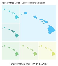 Hawaii, United States. Map collection. State shape. Colored counties. Light Blue, Cyan, Teal, Green, Light Green, Lime color palettes. Border of Hawaii with counties. Vector illustration.