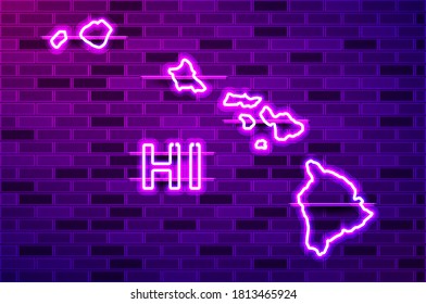 Hawaii US state glowing neon lamp sign. Realistic vector illustration. Purple brick wall, violet glow, metal holders.