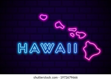 Hawaii US state glowing neon lamp sign Realistic vector illustration Blue brick wall glow