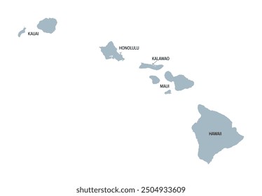 Hawaii, U.S. state, gray political map with county names. Island state of the United States in the Pacific Ocean, subdivided into the 5 counties Hawaii, Honolulu, Kalawao, Kauai and Maui. Aloha State.