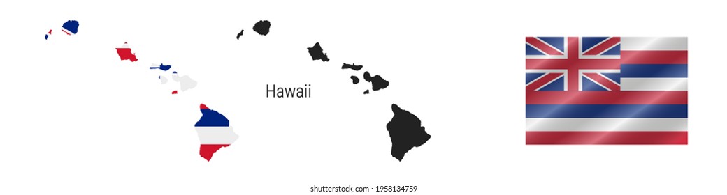 Hawaii US state map with masked flag. Detailed silhouette. Waving flag. Vector illustration isolated on white.