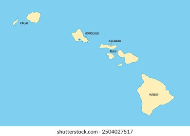 Hawaii, US-Bundesstaat, politische Landkarte. Inselstaat der Vereinigten Staaten im Pazifischen Ozean, unterteilt in die 5 Bezirke Hawaii, Honolulu, Kalawao, Kauai und Maui. Spitzname Aloha State.