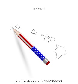 Hawaii US state vector map pencil sketch. Hawaii outline contour map with 3D pencil in american flag colors. Freehand drawing vector, hand drawn sketch isolated on white.