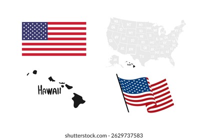 Havaí. Bandeira dos EUA. Mapa dos EUA