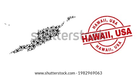 Hawaii, USA rubber seal stamp, and Anguilla Islands map mosaic of aviation items. Mosaic Anguilla Islands map constructed using airliners. Red stamp with Hawaii, USA text, and corroded rubber texture.
