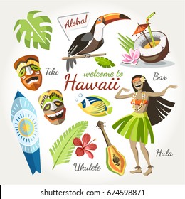 hawaii vector collection of traditional objects set with bird toucan girl dan?ing hula tiki mask ukulele surf and tropical leaves and flowers cocktail and fish