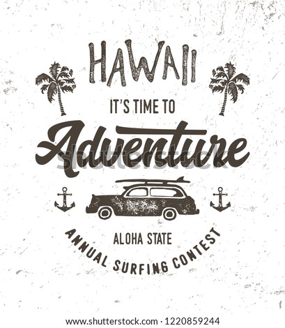   "Hawaii". Vector illustration on the theme of the Surfing. Vintage design. Grunge background. T-shirt graphics, print, poster, banner, flyer. Vector