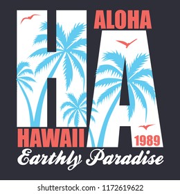 Hawaii - vector illustration for t-shirt and other print production. Palms, wave and sun creative logo badge. Summer vacation concept. Design elements.