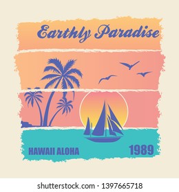 Hawaii - vector illustration for t-shirt and other print production. Palms, wave and sun creative logo badge. Summer vacation concept. Design elements.