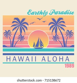 Hawaii - vector illustration for t-shirt and other print production. Palms, wave and sun creative logo badge. Summer vacation concept. Design elements.