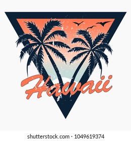 Hawaii - vector illustration in vintage graphic style for t-shirt and other print production. Palms, wave and sun creative logo badge. Summer vacation concept. Design elements.