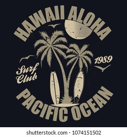 Hawaii - vector illustration in vintage graphic style for t-shirt and other print production. Palms, wave and sun creative logo badge. Summer vacation concept. Design elements.