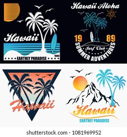 Hawaii - vector illustration in vintage graphic style for t-shirt and other print production. Palms, wave and sun creative logo badge. Summer vacation concept. Design elements.