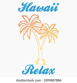 Hawaii - vector illustration in vintage graphic style for t-shirt and other print production. Palms, wave and sun creative logo badge. Summer vacation concept. Design elements.