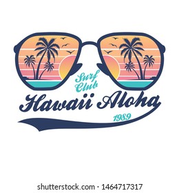 Hawaii - vector illustration in vintage graphic style for t-shirt and other print production. Palms, wave and sun creative logo badge. Summer vacation concept. Design elements.