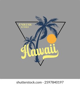 Hawaii - vector illustration in vintage graphic style for t-shirt and other print production. Palms  and sun creative logo badge. Summer vacation concept. Design elements.