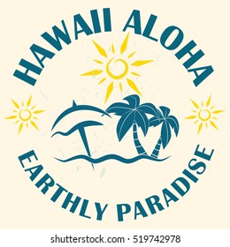 Hawaii - vector illustration in vintage graphic style for t-shirt and other print production. Palms, wave and sun creative logo badge. Summer vacation concept. Design elements.