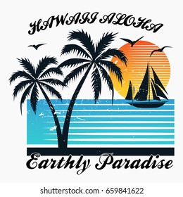 Hawaii - vector illustration in vintage graphic style for t-shirt and other print production. Palms, wave and sun creative logo badge. Summer vacation concept. Design elements.