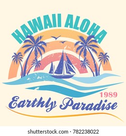 Hawaii - vector illustration in vintage graphic style for t-shirt and other print production. Palms, wave and sun creative logo badge. Summer vacation concept. Design elements.