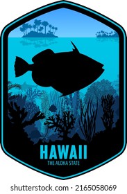 Hawaii vector label with Wedge-tail triggerfish