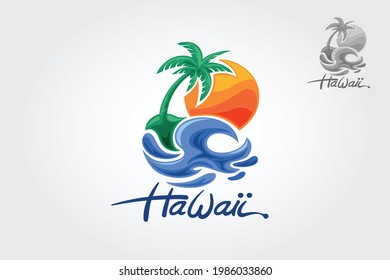 Hawaii Vector Logo Illustration. Water ocean waves with sun, palm tree and beach, for restaurant and hotel. 