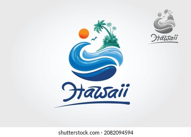 Plantilla de logotipo de vectores Hawaii. Olas acuáticas con sol, palmeras y playa, para restaurante y hotel.