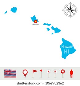 Hawaii Vector Map Isolated on White Background. High Detailed Silhouette of Hawaii State. Vector Flag of Hawaii. 3D Map Markers or Pointers, Navigation Elements. Rose of Wind or Compass Icon