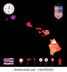 Hawaii Vector Map, Night View. Compass Icon, Map Navigation Elements. Pennant Flag of the United States. Vector Flag of Hawaii. Various Industries, Economic Geography Icons.