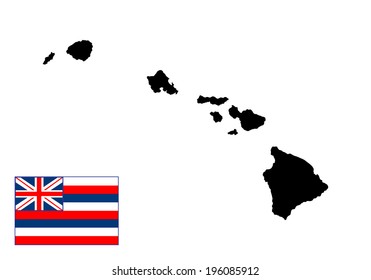 Hawaii vector map silhouette and vector flag, high detailed illustration isolated on white background. United state of America country.