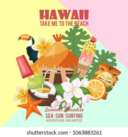 Hawaii vector travel illustration in colorful background. Summer beach resort template