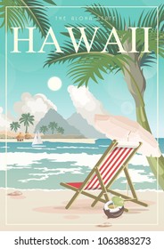 Hawaii vector travel illustration in colorful background. Summer beach resort template