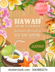 Hawaii vector travel illustration in colorful background. Summer beach resort template