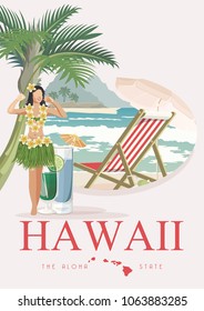 Hawaii vector travel illustration in colorful background. Summer beach resort template