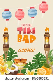 Hawaii vector travel illustration in colorful background. Summer beach resort template. Tiki bar banner