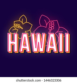 Hawaii vintage 3d vector lettering. Retro bold font, typeface. Pop art stylized text. Old school style neon light letters. 90s, 80s poster, banner design. Tropical flowers dark violet color background