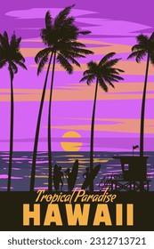 Hawaii vintage travel poster. Sunset beach surfers,