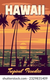 Hawaii vintage travel poster. Sunset beach surfers,