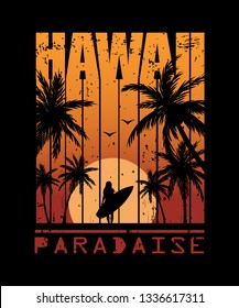 Hawaii vintage typography t-shirt print. Palm beach. Vector illustration