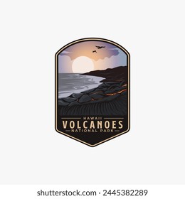 Hawaii Volcanoes National Park logo patch badge illustration, beautiful beach and lava scenery patch design