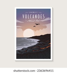 Hawaii Volcanoes National Park poster illustration, beautiful beach and lava scenery poster design