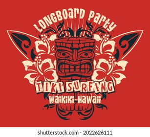 Hawaii Waikiki Tiki longboard surfing team  vector print for t shirt, grunge effect in separate layer