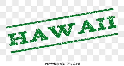 Hawaii watermark stamp. Text tag between parallel lines with grunge design style. Rubber seal stamp with scratched texture. Vector green color ink imprint on a chess transparent background.