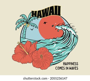 hawaii waves hibiscus retro vector artwork