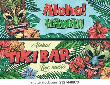 Hawaii weekend set banners colorful for beach bar or parties with tiki masks and palm branches vector illustration