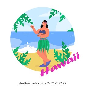 Hawaii woman concept. Young girl dancing in tropical leaves at beach and coastline. Vacation in tropical and exotic countries. Cartoon flat vector illustration isolated on white background