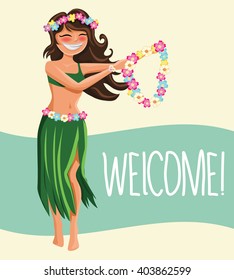 Hawaii Woman  With Flower Lei Garland. Beach Background. Vector Cartoon Illustration